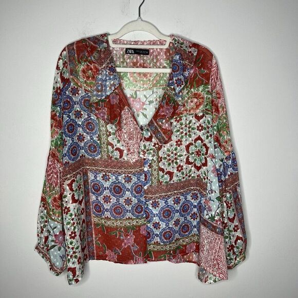 Zara Top Womens XL Patchwork Floral V Neck Ruffle Boho Swiss Dot Chiffon Blouse - Picture 16 of 16